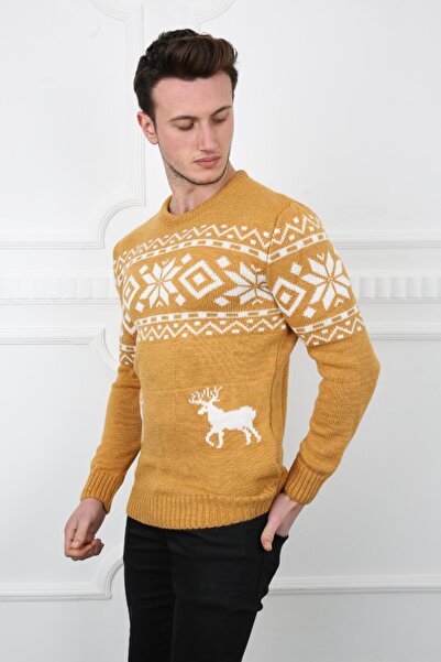 buğrahayalin Men's Deer Patterned Thick Winter Casual Knit Sweater