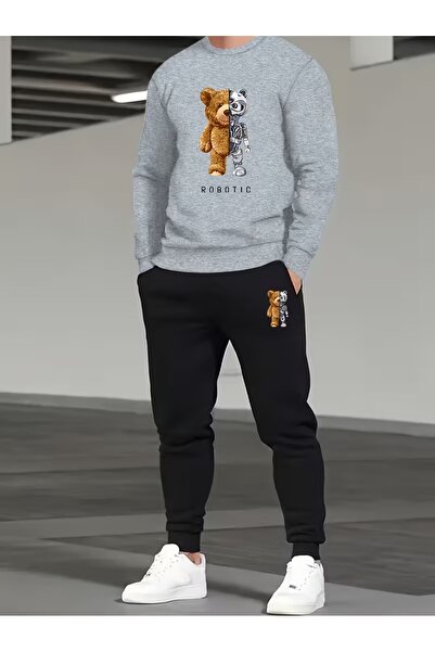 Massgai Unisex Bear Robotic Printed Crew Neck Oversized Bottom-Top Jogger Cot...