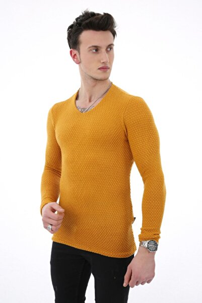 buğrahayalin Plain Embossed Patterned V-Neck Men's Casual Knitwear Sweater