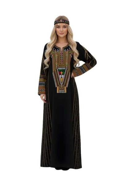 Premium Asiri Black Jalabiya with Multicolor Geometric Embroidery