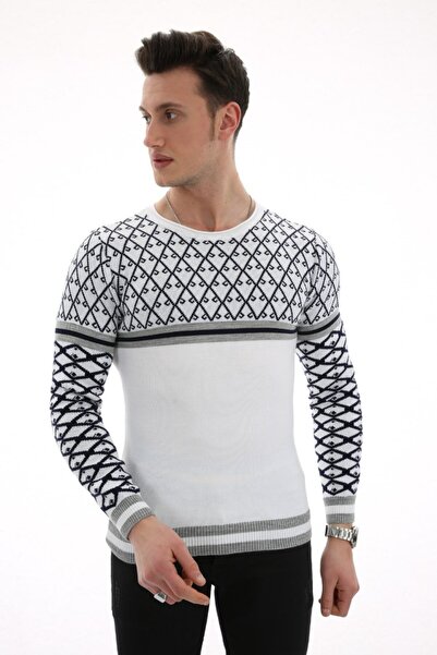 buğrahayalin White Thick Winter Casual Knit Sweater with Patterned Sleeves