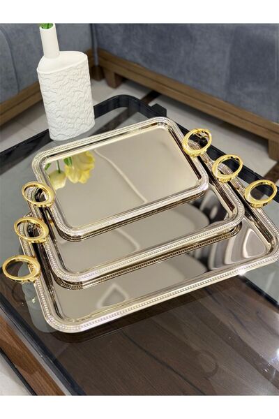 aljahwari 3-piece serving tray set with gold handle