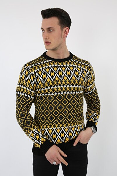 buğrahayalin Patterned Multi-Colored Crew Neck Thick Men's Casual Knitwear Sw...