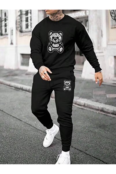 Massgai Unisex Bear Printed Crew Neck Oversized Bottom-Top Jogger Cotton Trac...