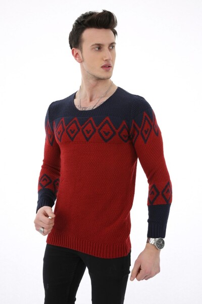 buğrahayalin Baklava Patterned Burgundy Thick Winter Men's Casual Knit Sweater