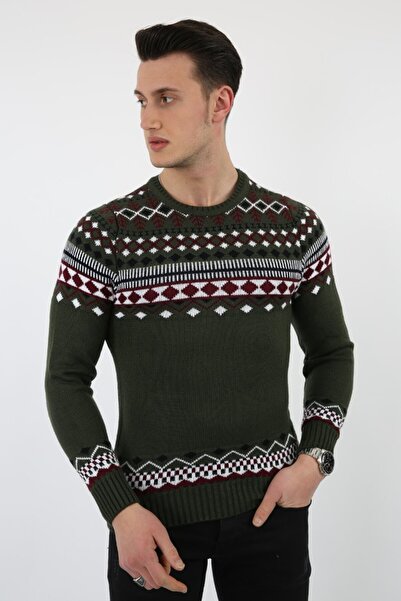 buğrahayalin Mixed Patterned Green Thick Winter Casual Knitwear Sweater