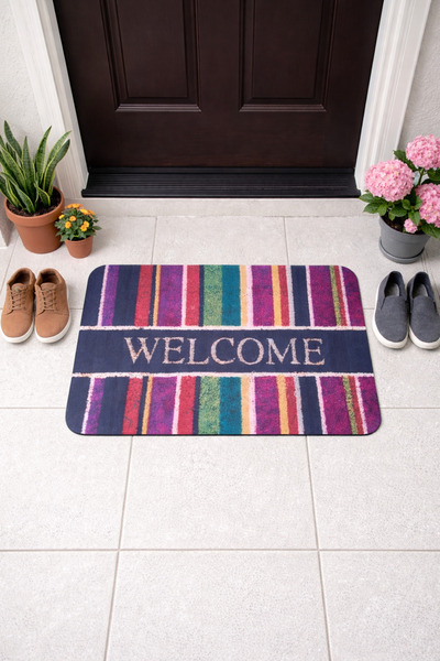e&a care DİJİTAL BASKI MODERN RENKLİ HOŞGELDİNİZ WELCOME SAKSI TEMALI KAPI ÖNÜPASPASI