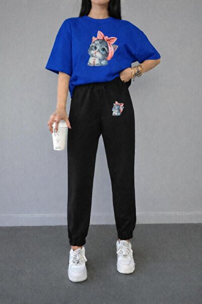 zeag طقم تي شيرت رياضي نسائي مطبوع عليه قطة