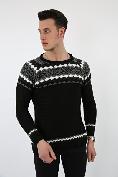 buğrahayalin Black Thick Winter Casual Knit Sweater with Baklava Pattern