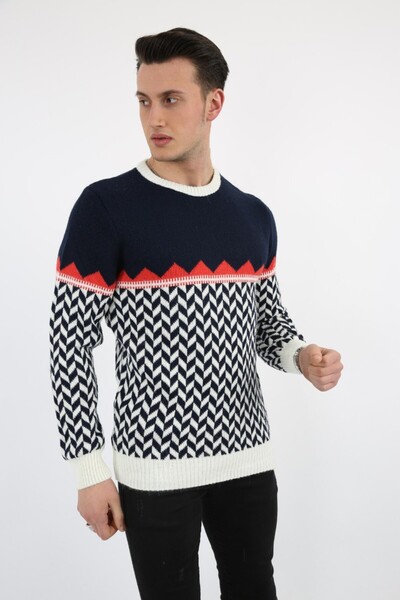 buğrahayalin Triangle Patterned Navy Blue Thick Winter Casual Knitwear Sweater