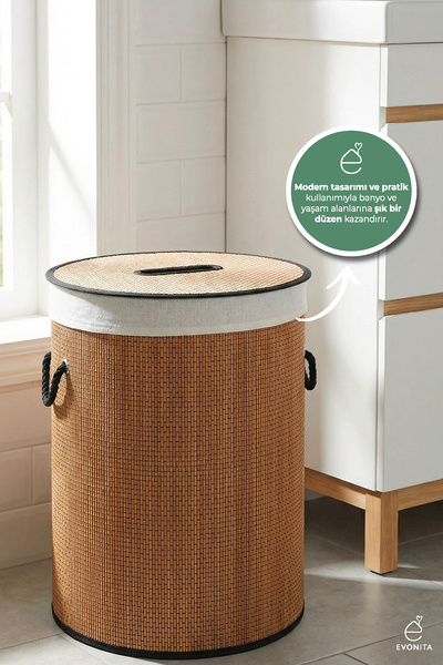 EVONİTA Bambu Kapaklı Çamaşır Sepeti 40x50 cm | Kirli Sepeti Çıkarılabilir Yı...