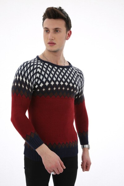 buğrahayalin Baklava Patterned Burgundy Thick Winter Men's Casual Knit Sweater