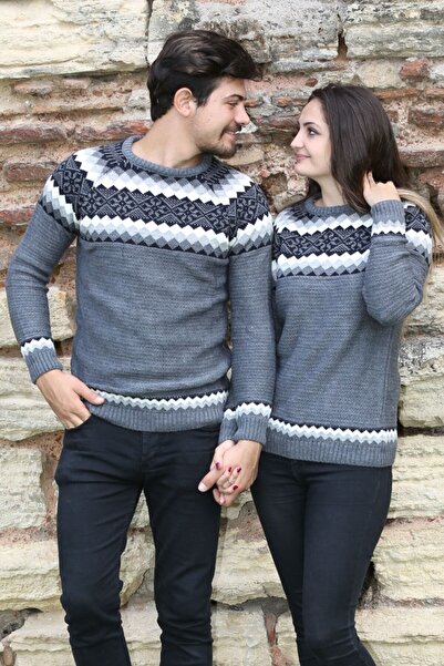 buğrahayalin Baklava Patterned Gray Thick Winter Casual Knit Sweater