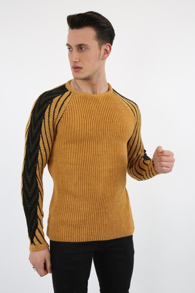 buğrahayalin Men's Mustard Sleeve Striped Thick Winter Casual Knitwear Sweater