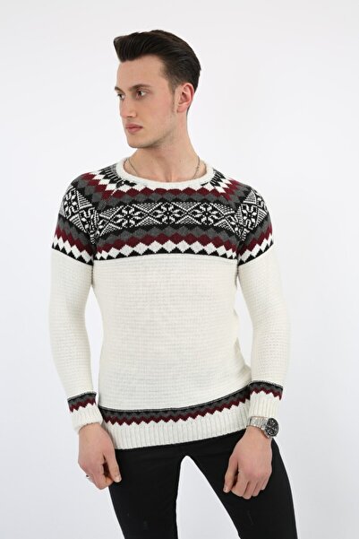 buğrahayalin Baklava Patterned Cream Thick Winter Casual Knit Sweater