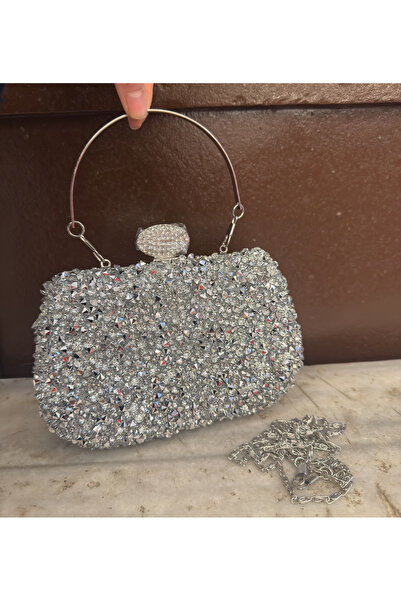 Millacom Women's Silver Stone Evening Dress Handbag – Chain Strap, Crystal Detailing