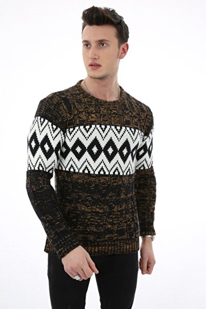 buğrahayalin Knitted Patterned Brown Thick Winter Casual Knitwear Sweater