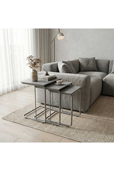 ModernEvveOfis C Tekerlekli Zigon Sehpa MDF Sis Gri Boyalı - Lake Boyalı Kena...