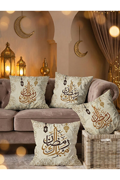 menesahome Ramadan Themed Gold Beige Embroidered Digital Print Set of 4 Throw...