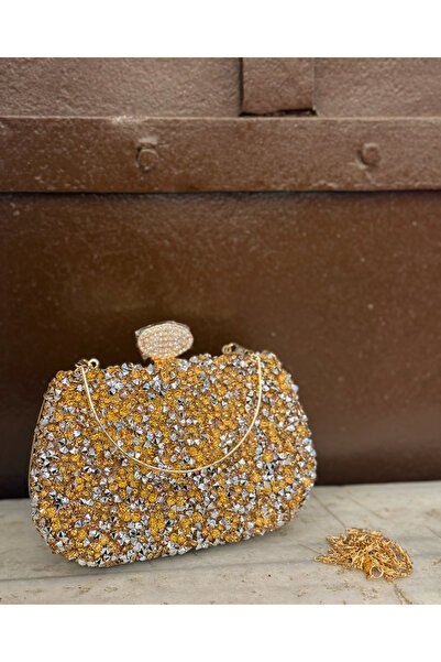 Millacom Women's Gold Stone Evening Dress Handbag – Chain Strap, Crystal Deta...