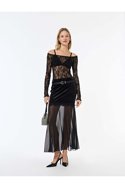 Koton Fusta neagră de damă din catifea cu dantelă și detaliu din tul 6WAK10310EK