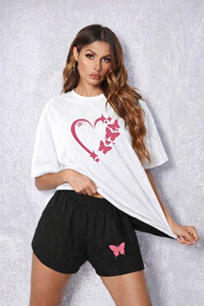 zeag Women's Butterfly Heart Printed Shorts T-Shirt Set
