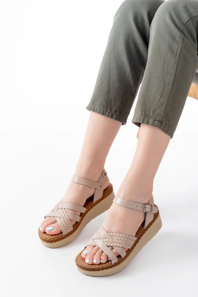 Bupel Özssa 730-138 Beige Knitted Genuine Leather Orthopedic Sole Women's San...