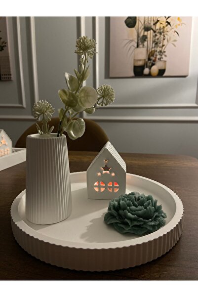 Beyaz Dekoratif Tepsi ve Mumluk Seti (Tealight ve kuru çiçek dahil değildir.)
