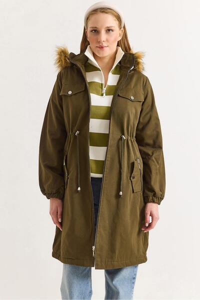 Raneel Kazançlı Alışveriş Women's khaki long gabardine wool-lined coat