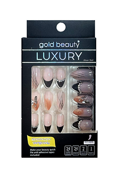 Gold Beauty Taşlı Özel Tasarım Takma Tırnak 24 Adet Jel Tırnak