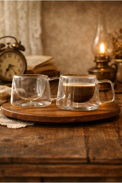 KRD Home Çift Camlı Çift Çidarlı Cam Kupa 250 ml Isı Yalıtımlı Kulplu Cam Bardak