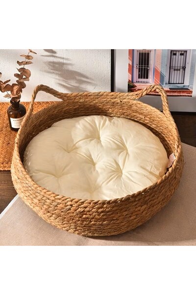 BienSnaps Hasır Kedi Yatağı Sepeti – Minderli, Doğal El Örgüsü