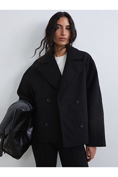 LC Waikiki Siyah Kruvaze Yaka Oversize Kadın Kaşe Kaban