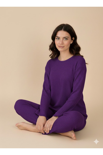 CİCİ GİYİM Pamuklu Kalın Kışlık İnterlok Şeritli Uzun Kollu Örme Pijama Takımı