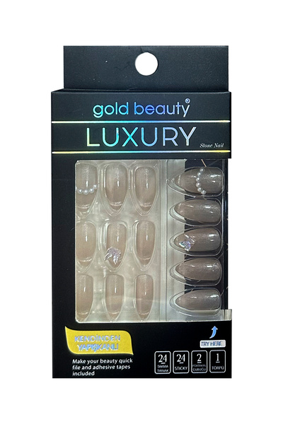 Gold Beauty Taşlı Özel Tasarım Takma Tırnak 24 Adet Jel Tırnak