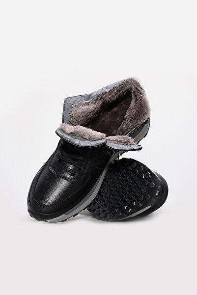 TUGERDİ Siyah Hakiki Deri Kürklü Kauçuk Taban Fermuarlı Bağcıklı Spor Erkok B...