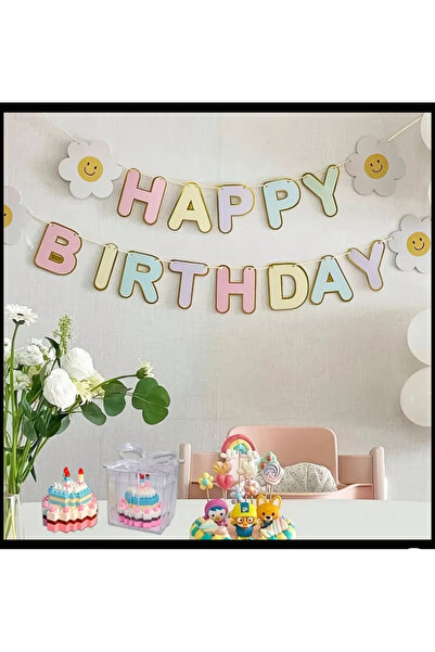 Çiçek detaylı Happy Birthday banner. Pastel renkli, ipli asmalı, doğum günü süsü.