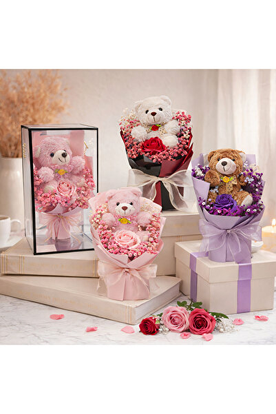 Amigo Set de 4 decorațiuni artificiale, buchet de trandafiri din săpun cu urs...