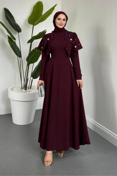 MERVEN AKYÜZ Roxana Taşlı Krep Abiye Mürdüm