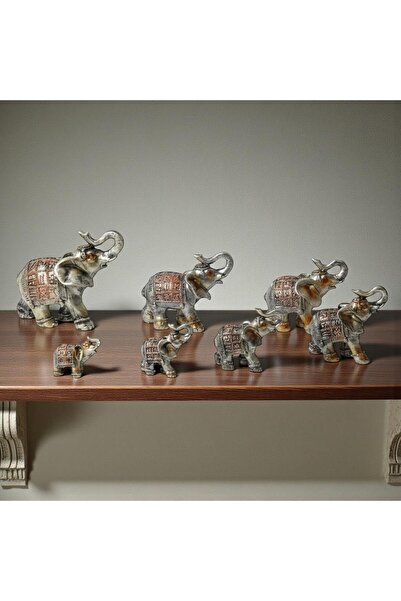 ELSELİFE Lüks İşlemeli Feng Shui 7’li Bereket Fil Biblo Seti Dekoratif Ev Ofi...