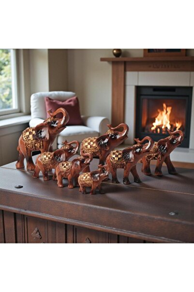 ELSELİFE Lüks İşlemeli Feng Shui 7’li Bereket Fil Biblo Seti Dekoratif Ev Ofi...