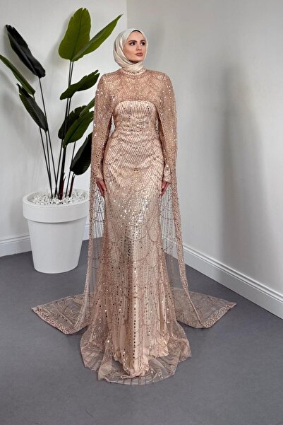 MERVEN AKYÜZ Ardina Pelerinli Boncuk İşlemeli Balık Abiye Gold