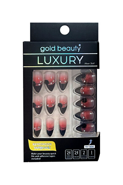 Gold Beauty Taşlı Özel Tasarım Takma Tırnak 24 Adet Jel Tırnak