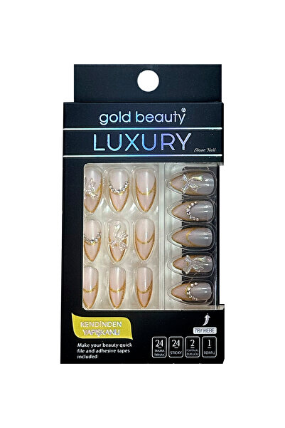 Gold Beauty Taşlı Özel Tasarım Takma Tırnak 24 Adet Jel Tırnak