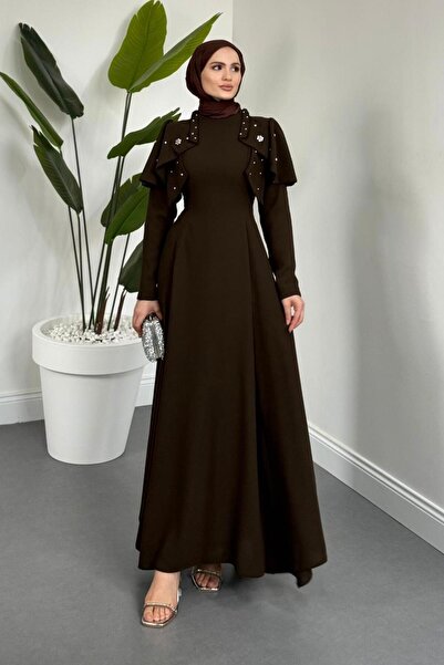 MERVEN AKYÜZ Roxana Taşlı Krep Abiye Kahverengi