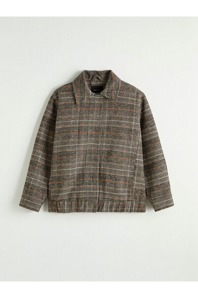 LC Waikiki Siyah Gömlek Yaka Ekose Kadın Kaşe Ceket