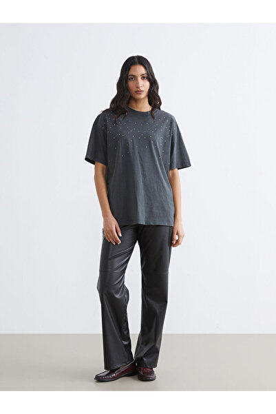 LC Waikiki Black regular fit Leather-Look women's trousers