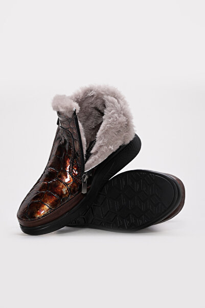 TUGERDİ Kahve Kroko İçi Kürklü Hakiki Deri Termo Taban Fermuarlı Kaliteli Kad...