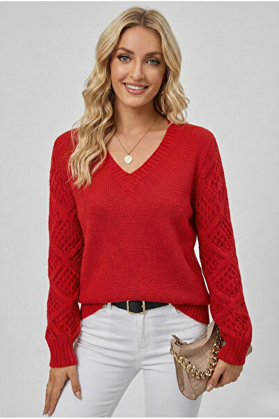 bysoca Women's Red V-Neck Long Sleeve Sleeves Lace-Like Knit Knit Detailed Fl...