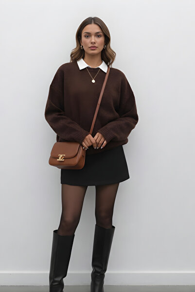 PALUZE Women's Crew Neck Brown Knit Sweater